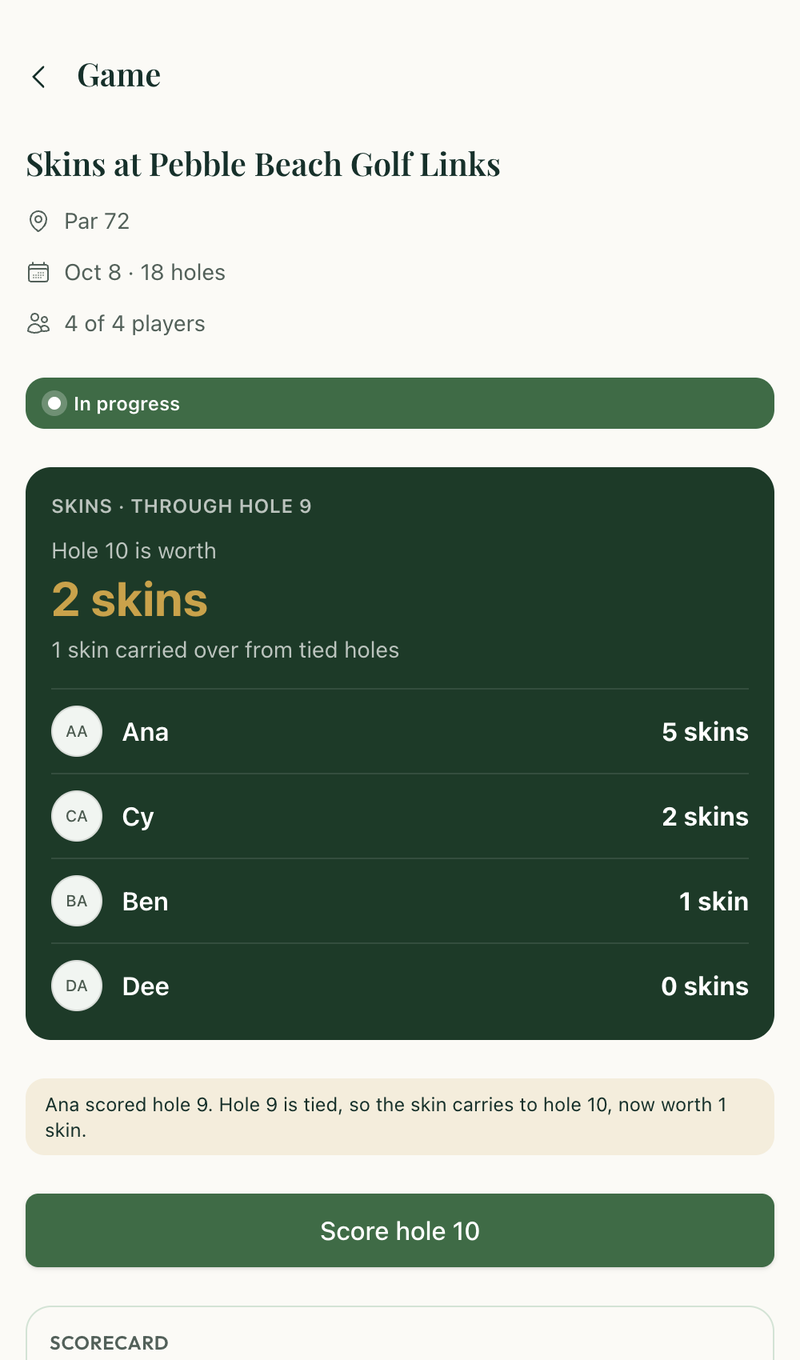 A Skins game in progress, with the leaderboard through hole 9 and what hole 10 is worth.