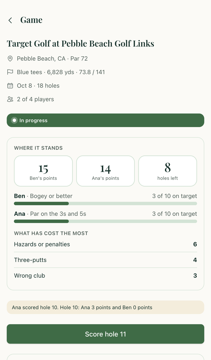 A Target Golf game showing points so far, holes on target and what has cost the most strokes.